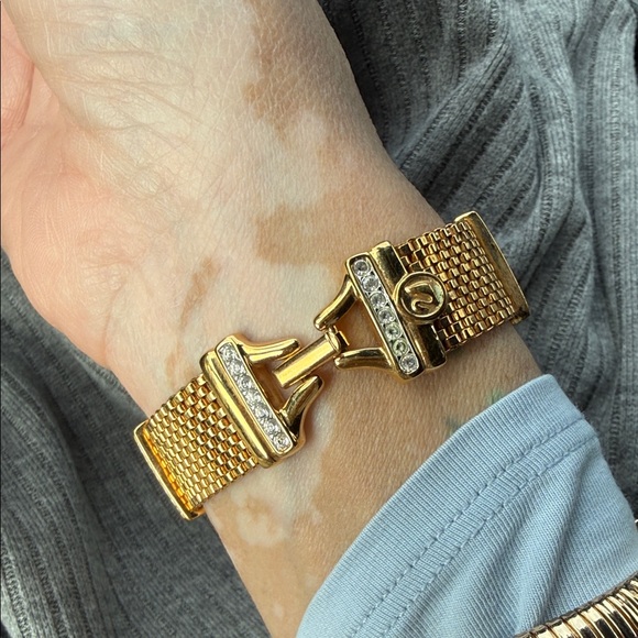 Swarovski Jewelry - Swarovski gold metal mesh bracelet, white pave crystals, 7"L, Swan Mark
